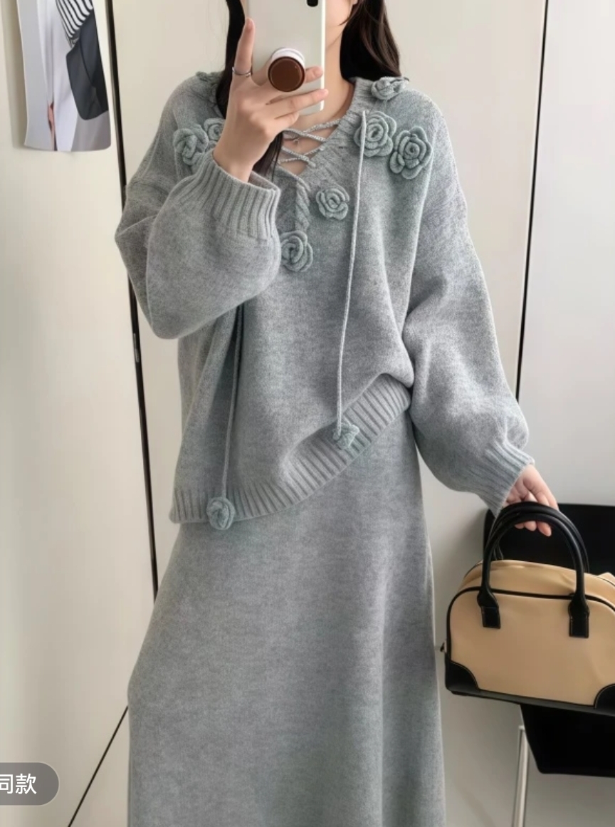 秋冬复古慵懒风显瘦毛衣套装【上衣+半身裙】