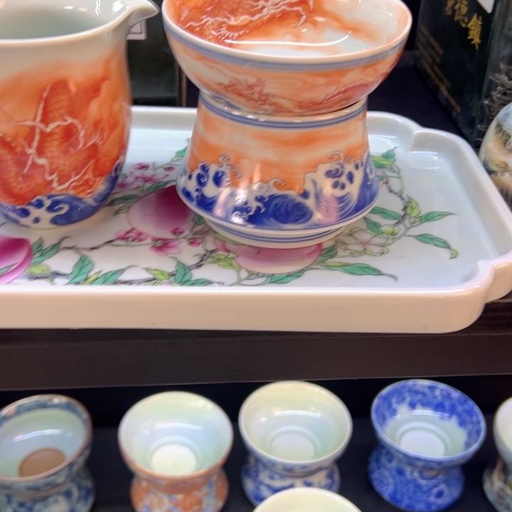 陶摆件白青花泛红鱼化龙茶漏加公道杯微