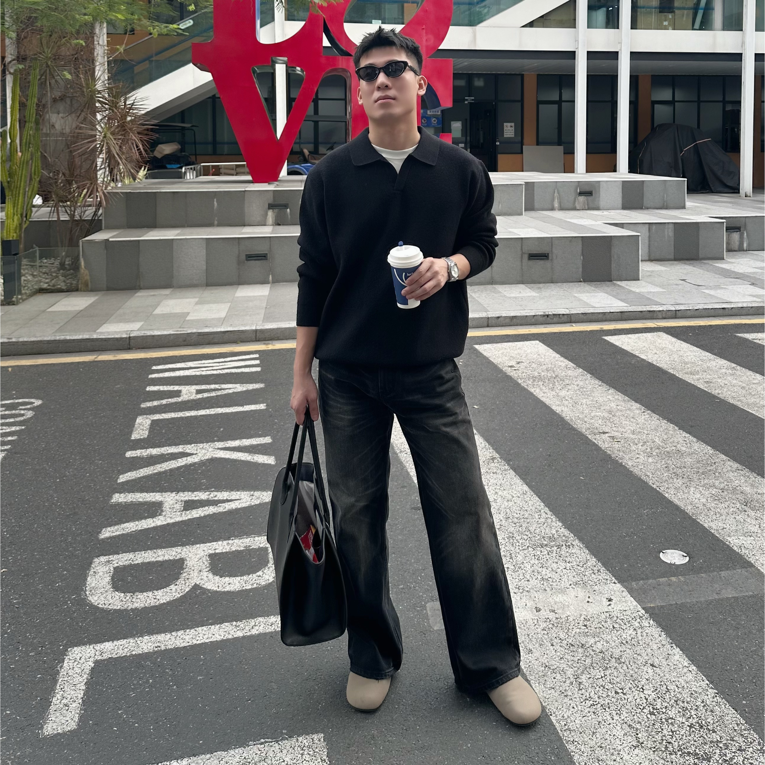 左左【YANJIAN言简】polo领假二件针织衫男秋冬慵懒长袖海鸥领毛衣