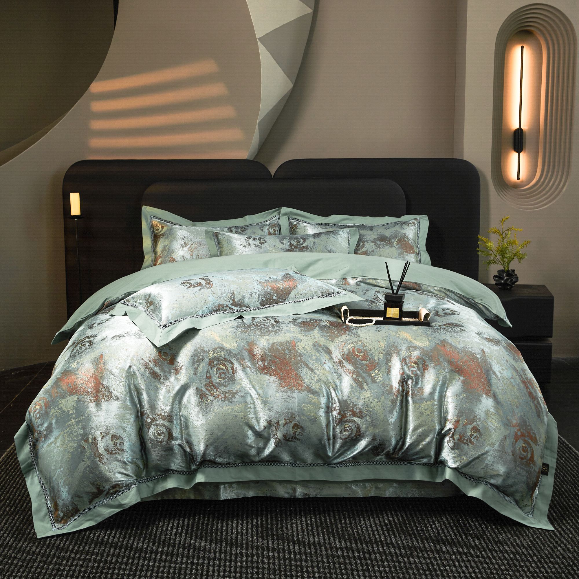 【专柜清仓】ms超柔加密高精密锦缎镂空四件套-玫瑰佳人绿-礼盒系列