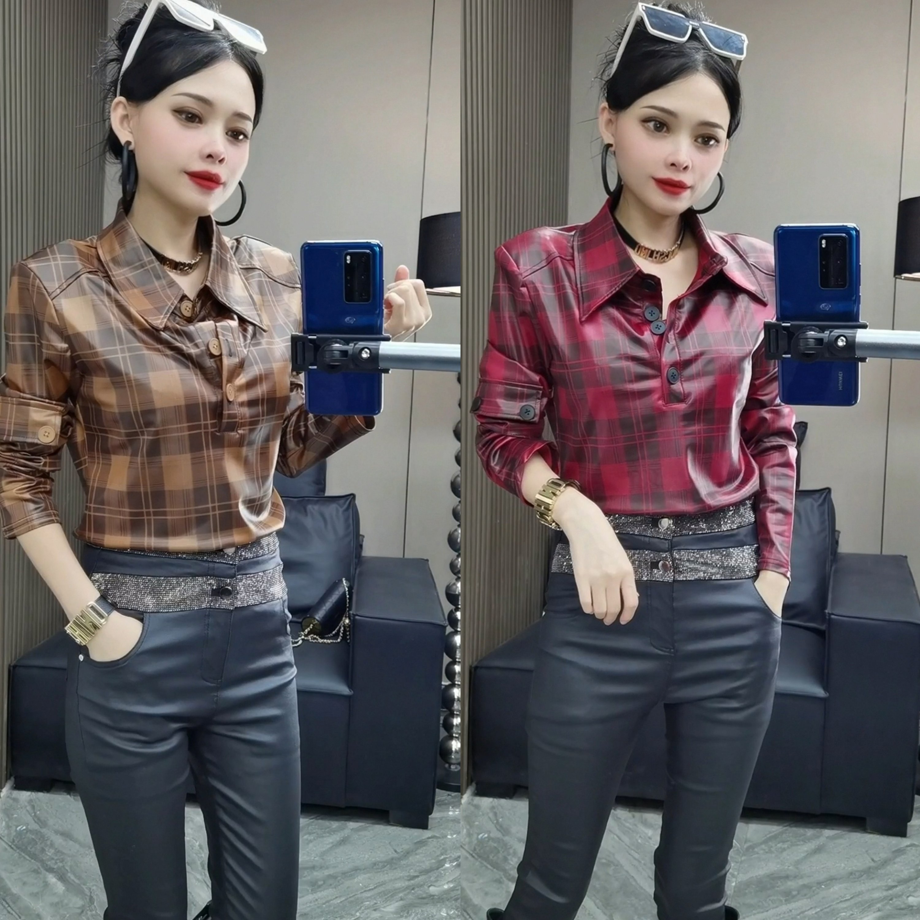 777#P欧货涂层弹力翻领格格亮面上衣女新款修身洋气长袖打底衫