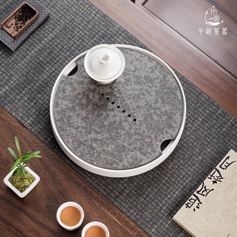 日式茶盘大号干泡盘茶台家用全陶瓷简约储水盘圆形办公室茶托茶海