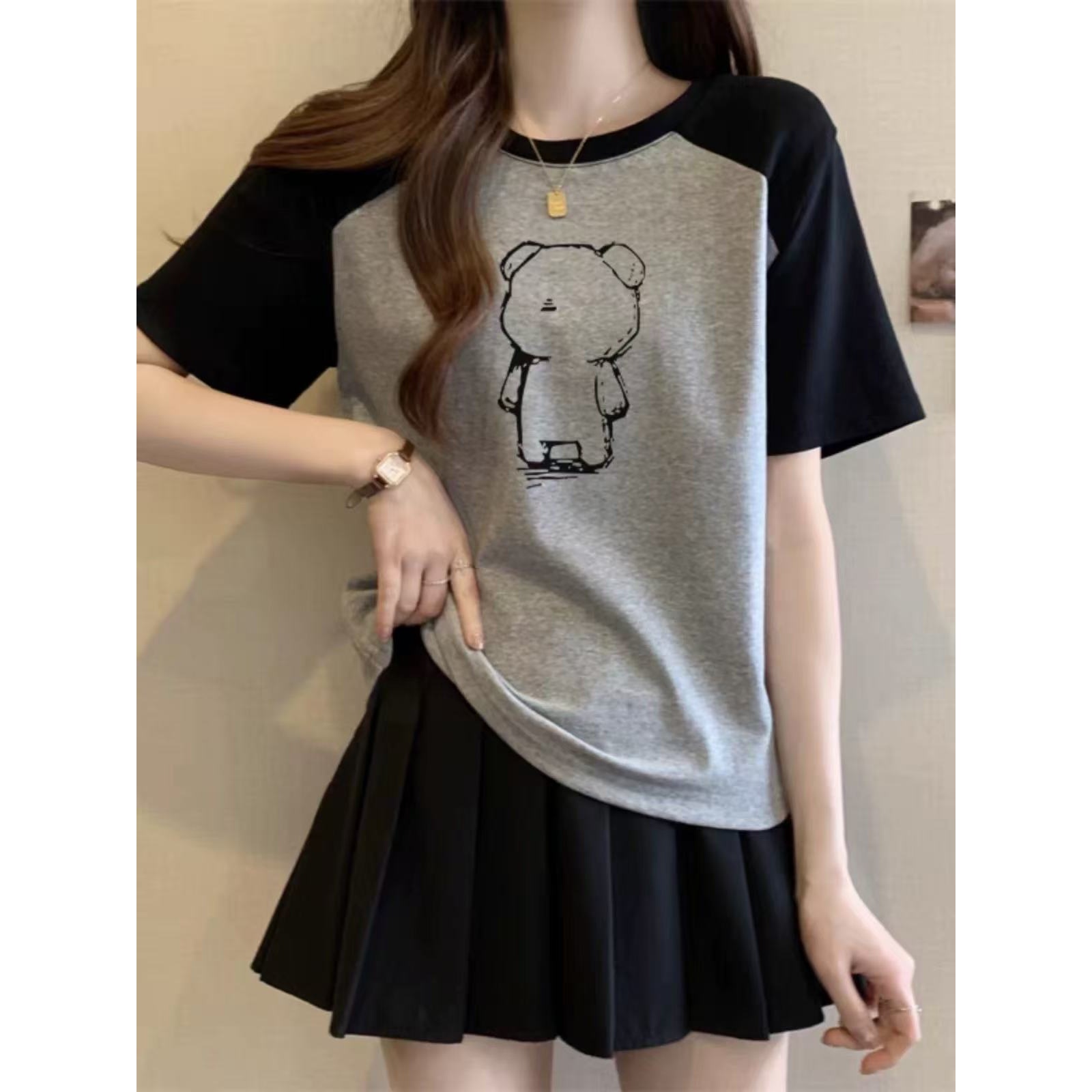 【A1611-A1620】设计感百搭休闲女士拼接修身短袖T恤短袖ins短款