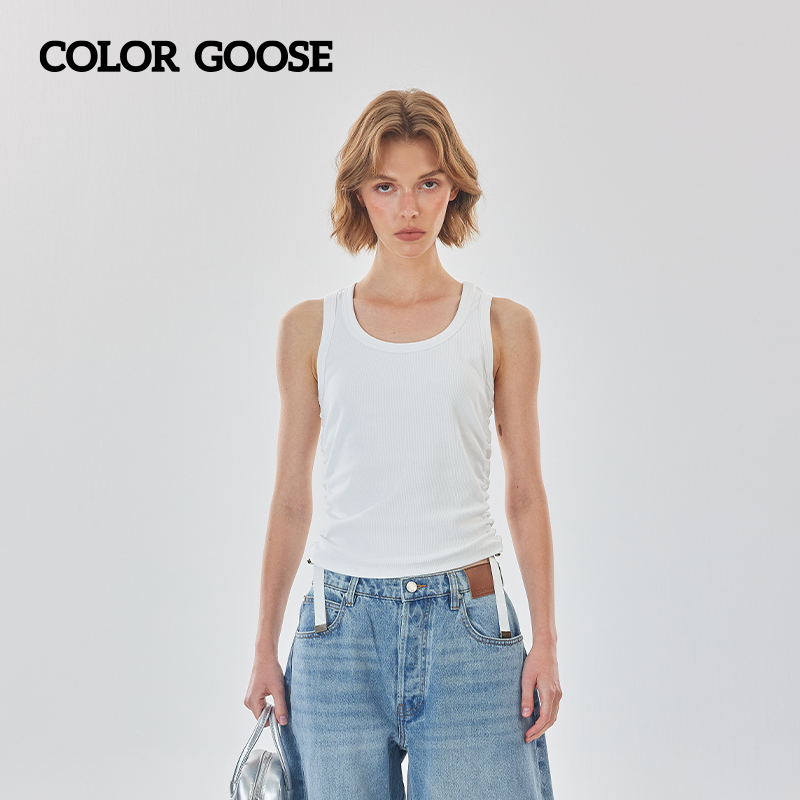 【孟佳同款】COLOR GOOSE 女士圆领显瘦短袖针织衫时尚凉爽背心上衣