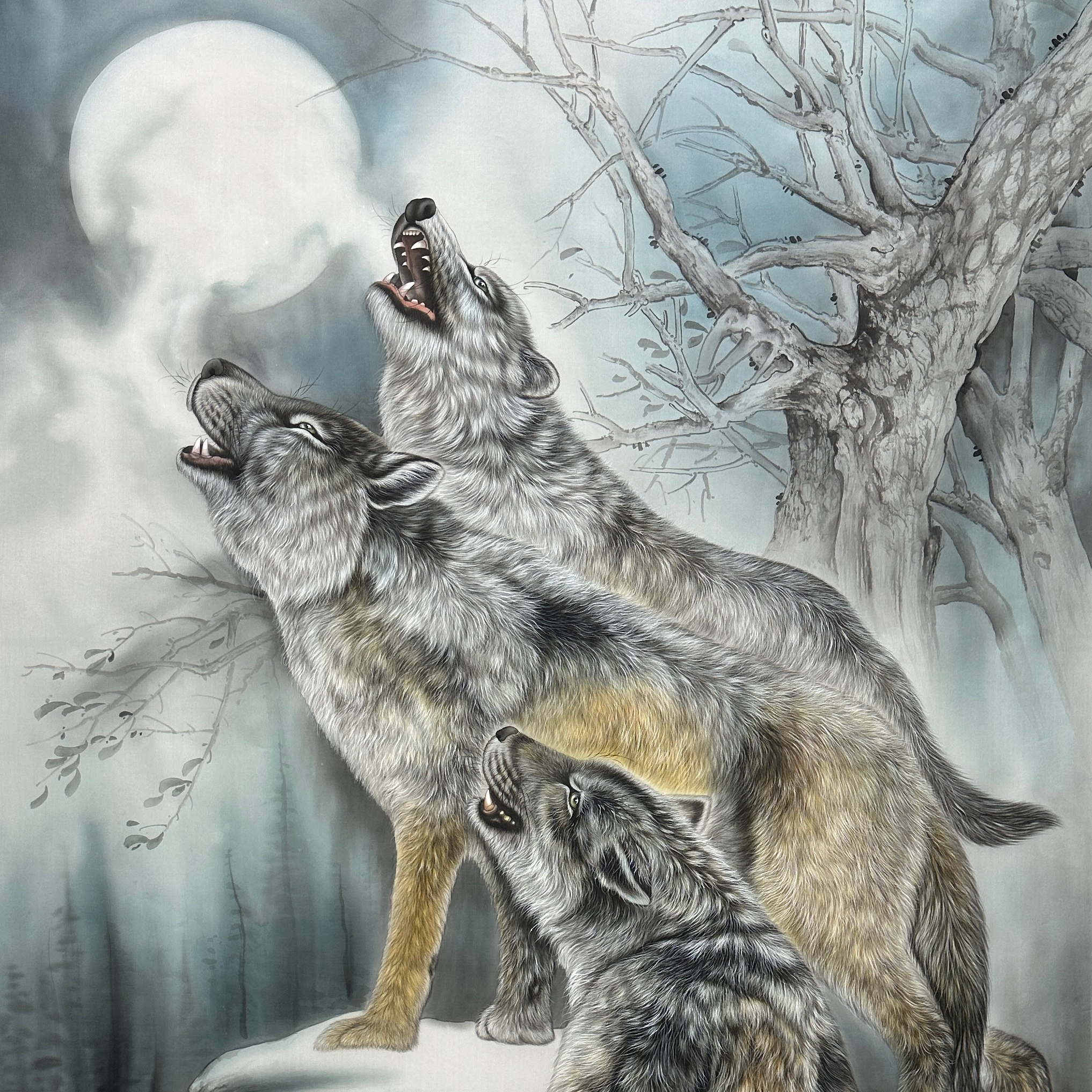 精品 绢本 大尺寸 狼啸图 手绘国画 