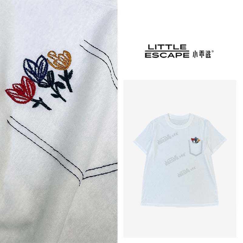 小乖逃D圆领白色T恤半袖女款夏季三朵花朵绣花休闲净色上衣M8680