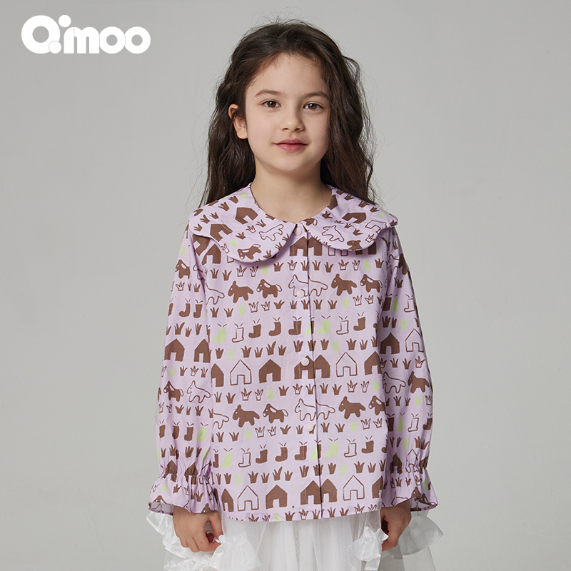 Qimoo/淇木秋季女童时尚长袖印花翻领童趣娃娃领衬衫QCL3CC129A