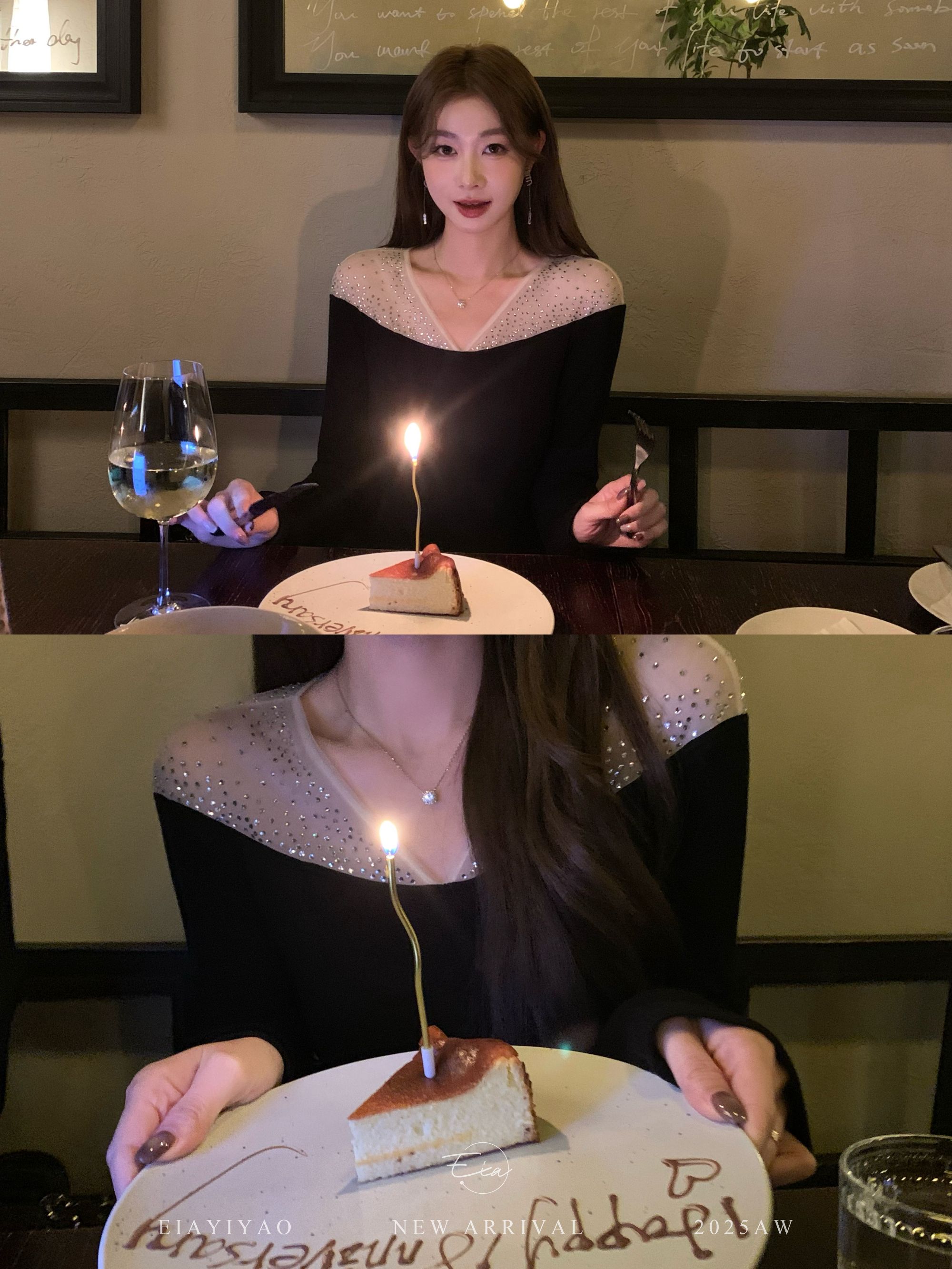 EIA一尧【星河】气质慵懒氛围千金感连衣裙设计感烫钻镂空长袖裙子