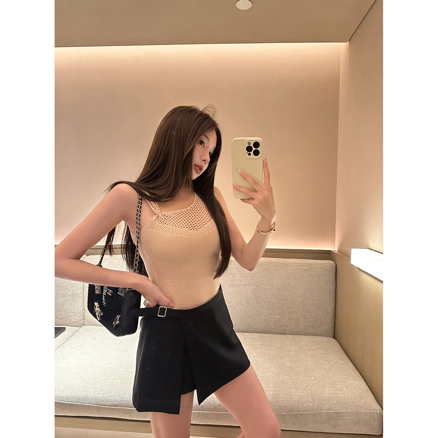 施薇靓【现货】私服搭配 高腰不规则经典高腰A字半身裙裤女短西裤