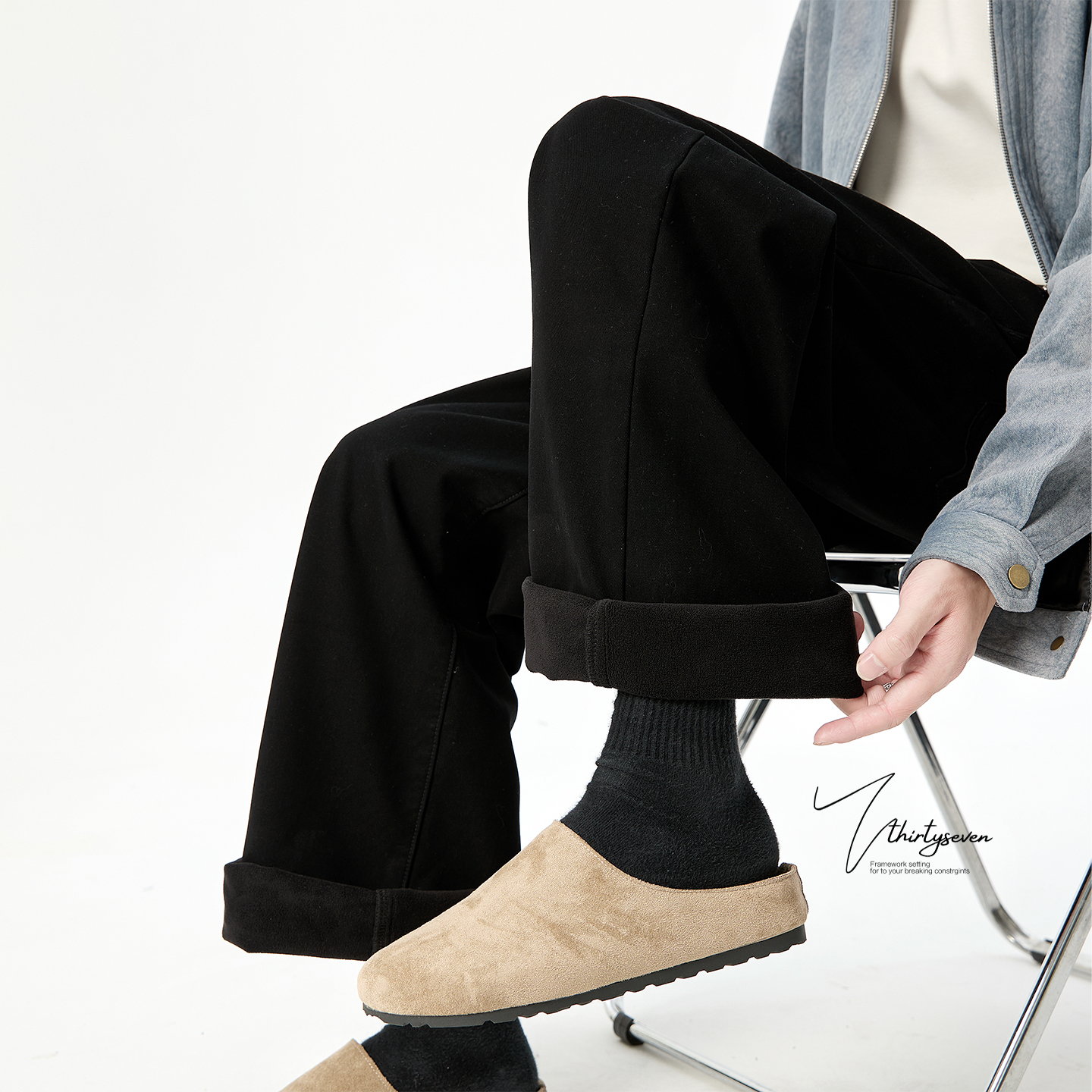 V37高街复古水黑直筒休闲裤男款秋季美式潮牌加绒加厚弯裤子