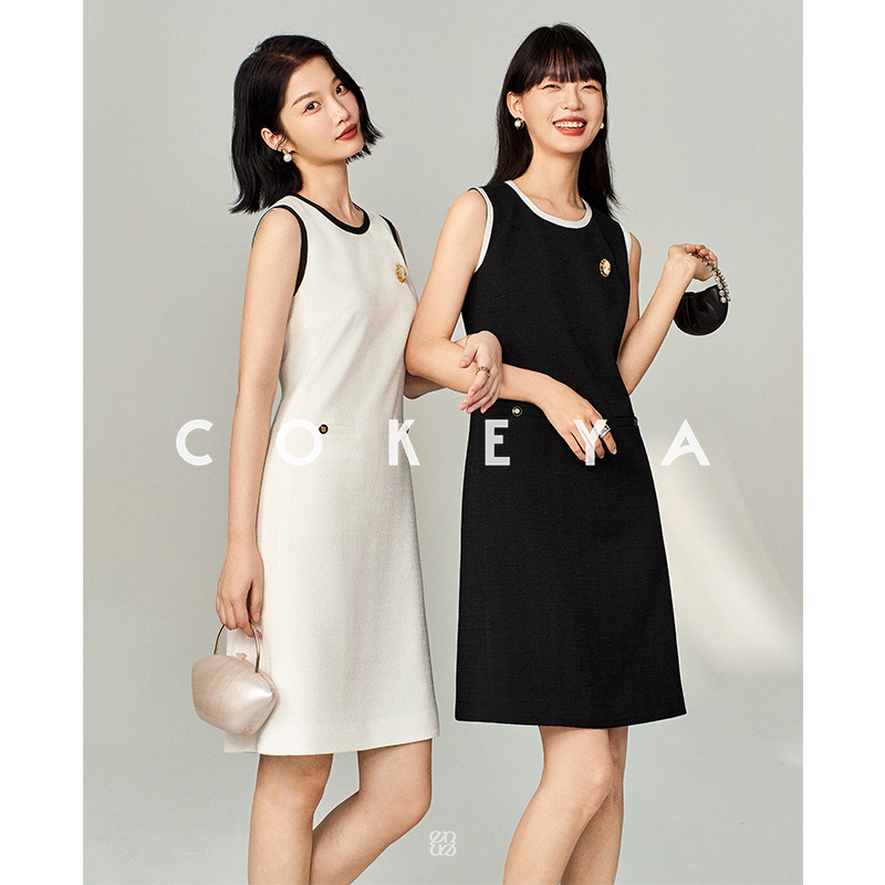 COKEYA/COCO小姐~日本進口轻薄粗呢黑白收腰无袖小香背心连衣裙女