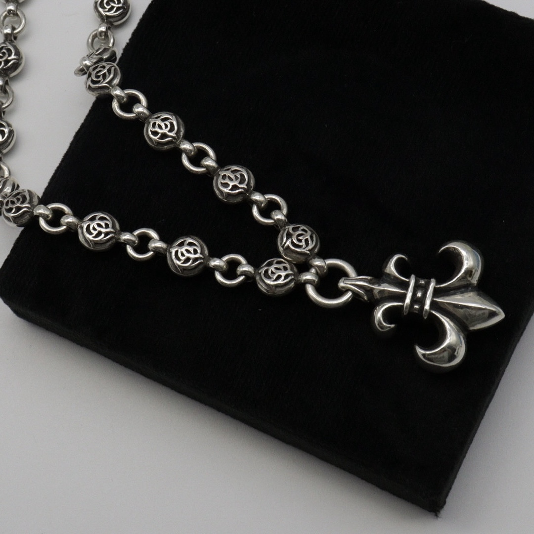 链子925银 CORNER CH 全银荆棘花球军花一体项链