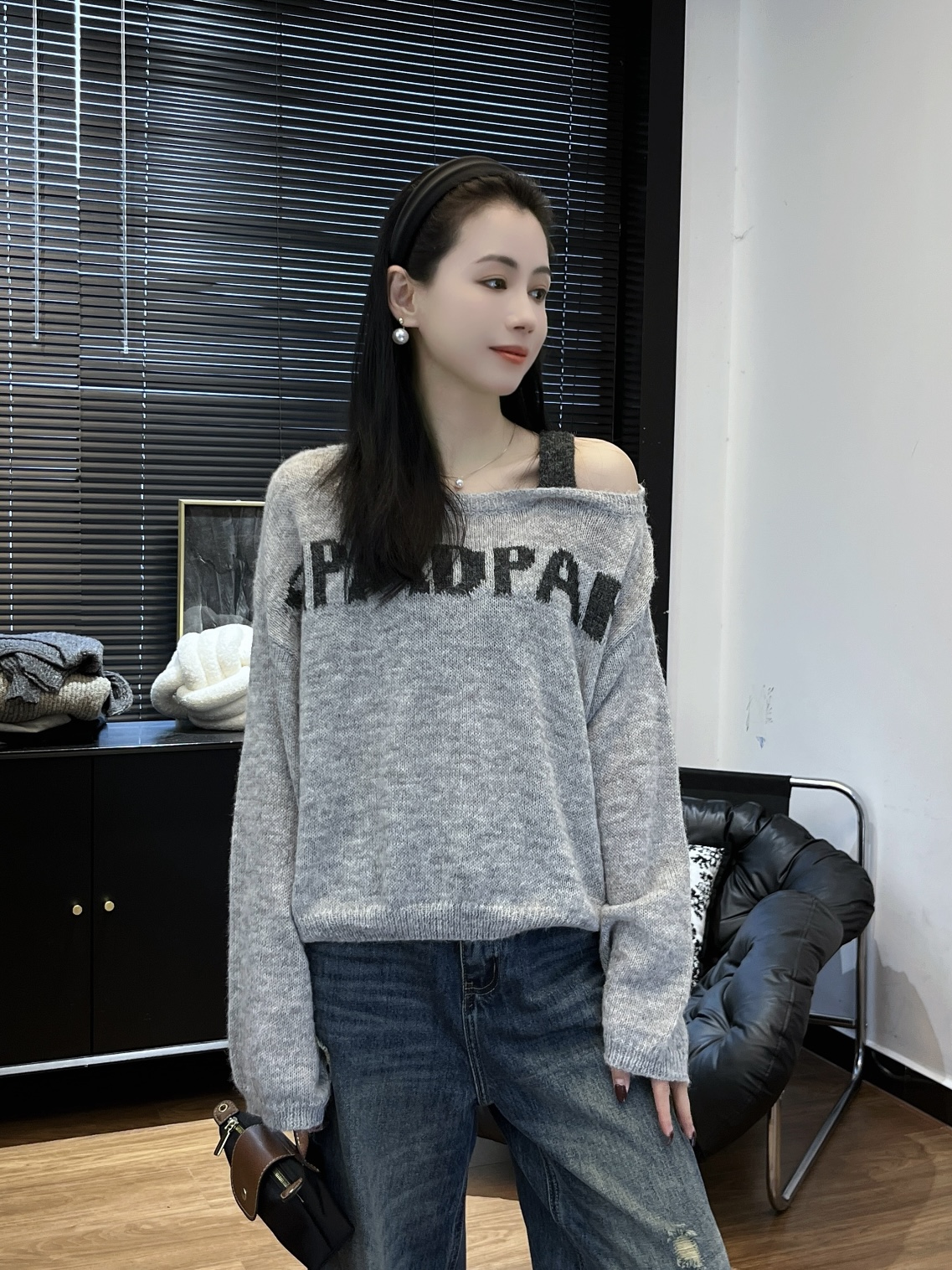 【Si&华严选】美式复古斜肩针织毛线衣韩系慵懒风宽松长袖上衣782