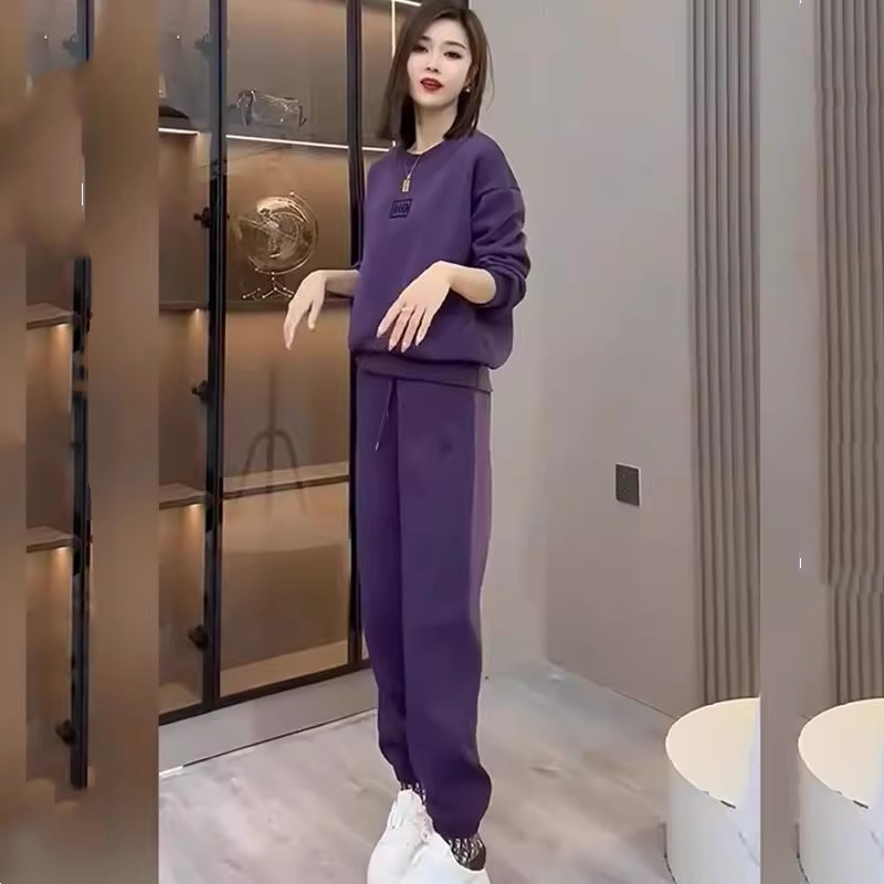 紫色卫衣运动套装女春季年秋冬加绒圆领长袖上衣休闲束脚裤两件套