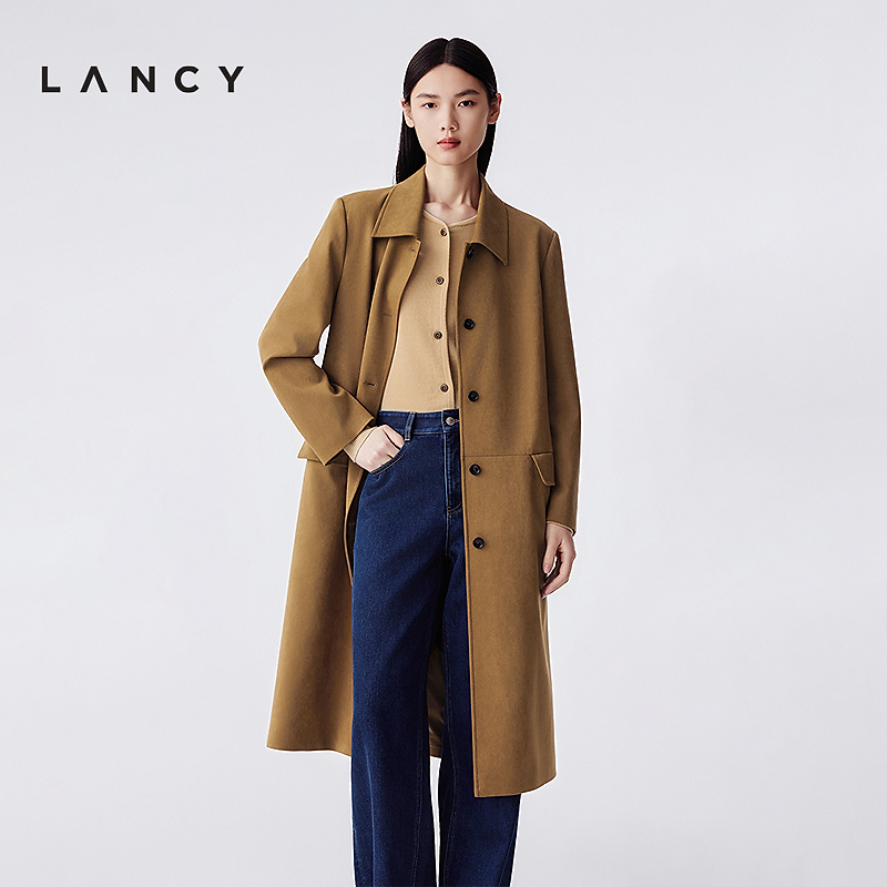 LANCY/朗姿2025冬新款复古优雅翻领长款大衣女气质高级感毛呢外套