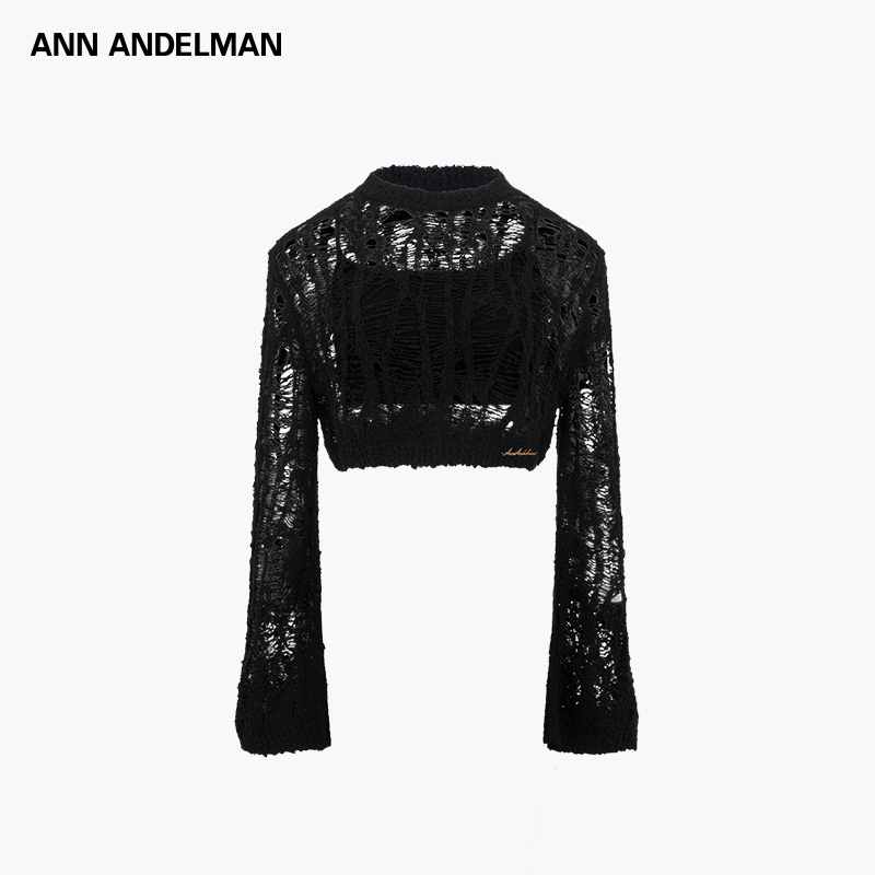 ANN ANDELMAN黑色破洞喇叭袖修身短款毛织短衫两件套上衣