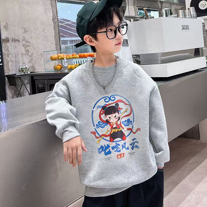 哪吒叱咤风云趣味文字闹海男童卫衣男女春秋新款儿童圆领薄款长袖