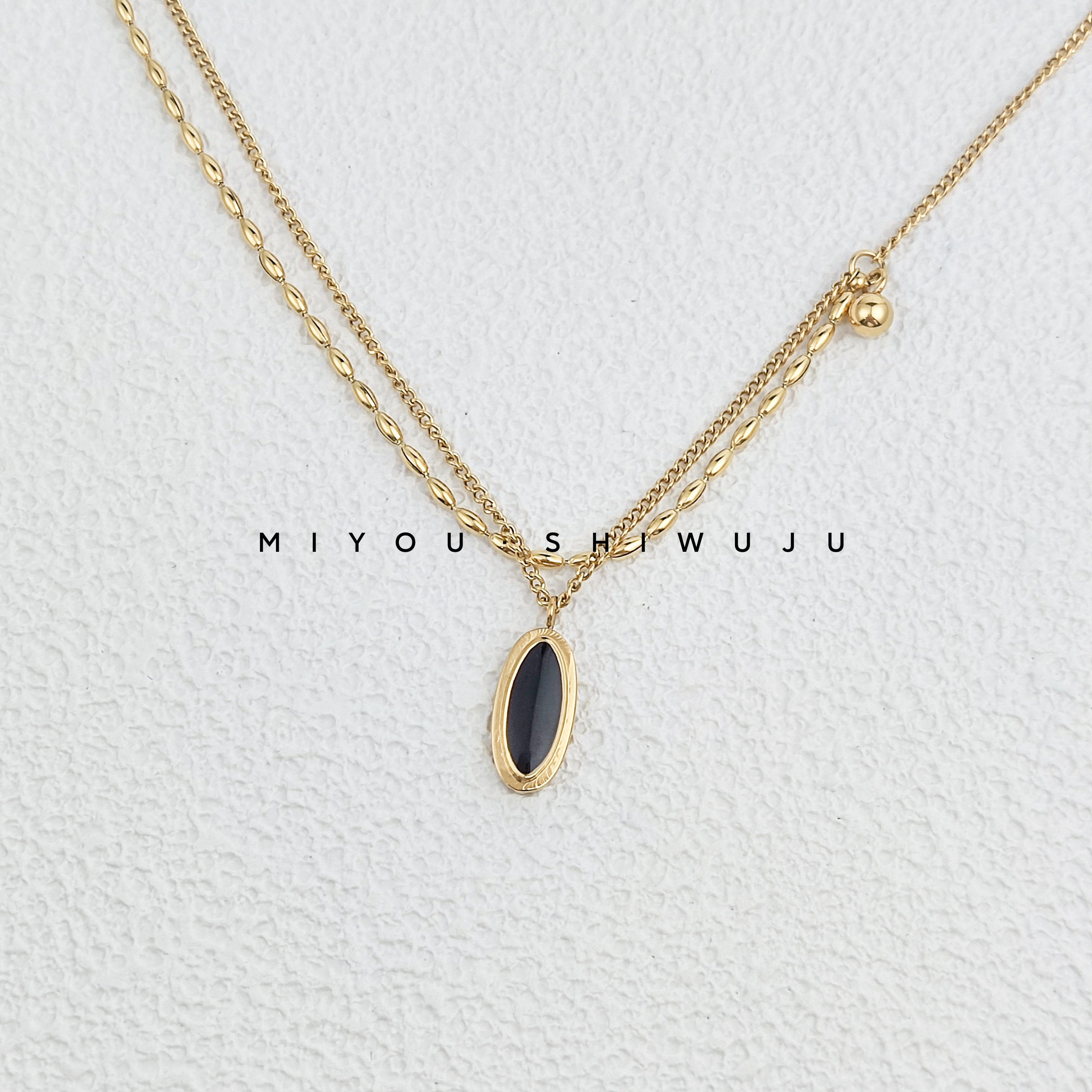 钛钢项链 钛钢金色黑色椭圆吊坠双层项链百搭时尚叠戴设计感