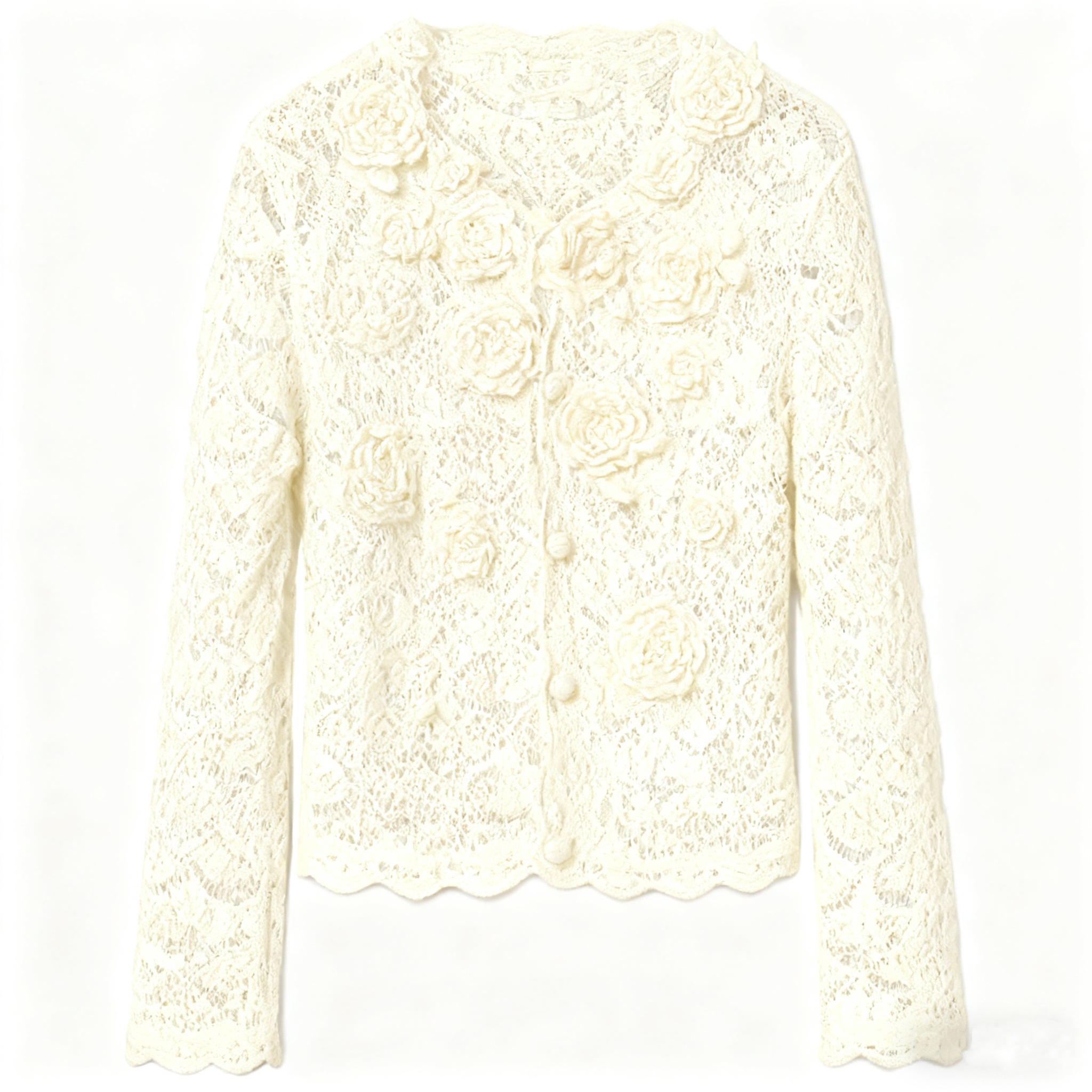 《猪猪出品》奶白色镂空花朵针织衫手勾花马海毛开衫时尚蕾丝上衣
