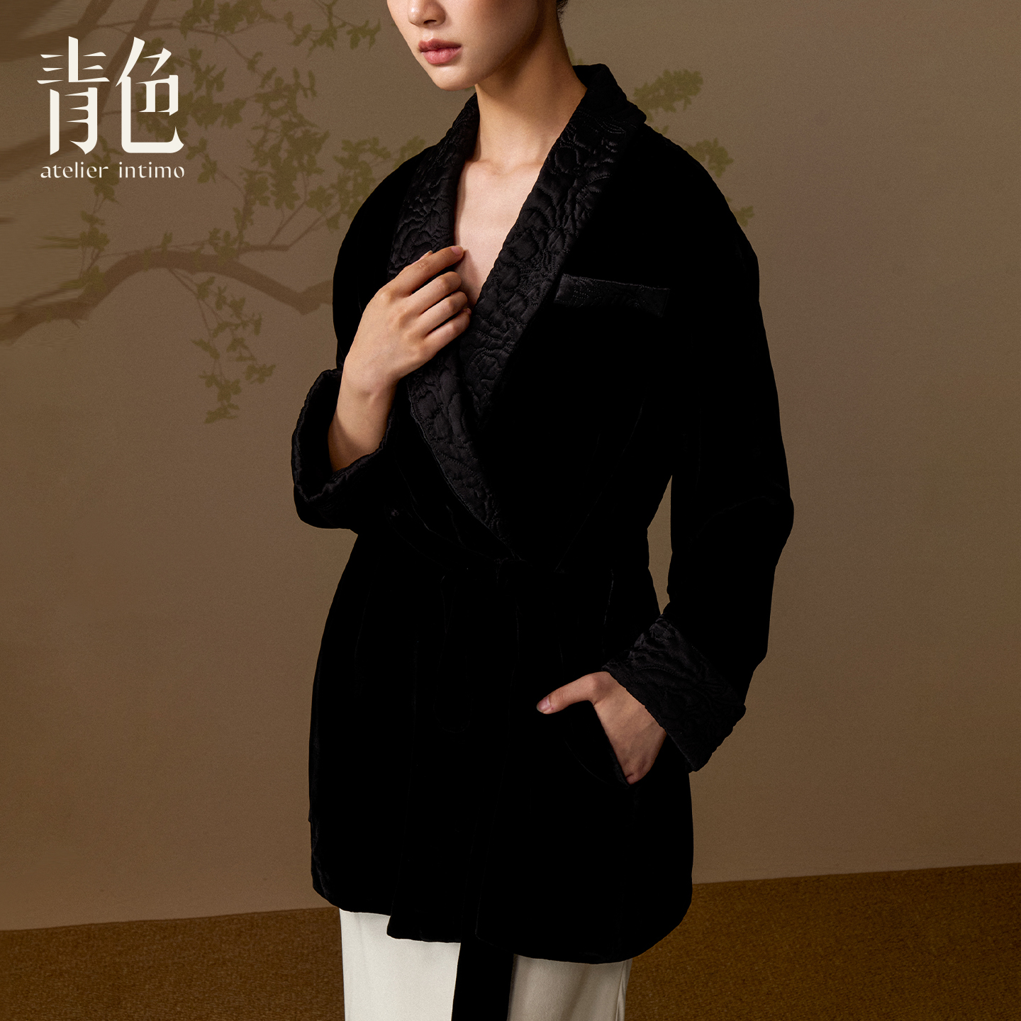 atelier intimo/青色【月白丝绒拼棉短袍】轻奢黑色简约秋冬家居服