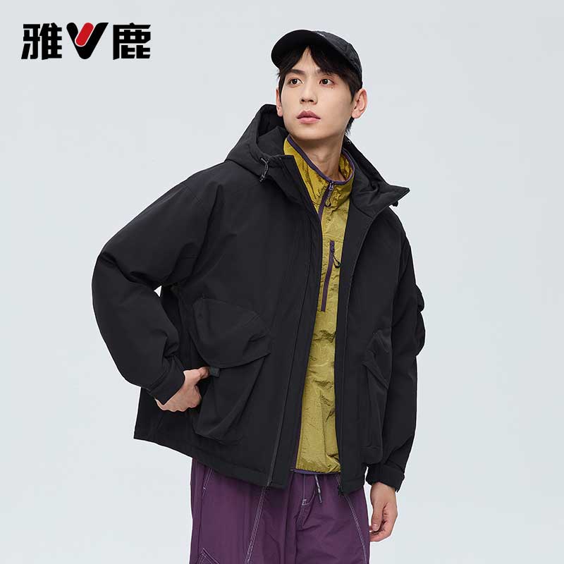 雅鹿男装秋冬宽松男士连帽立领工装羽绒服加厚保暖大口袋外套