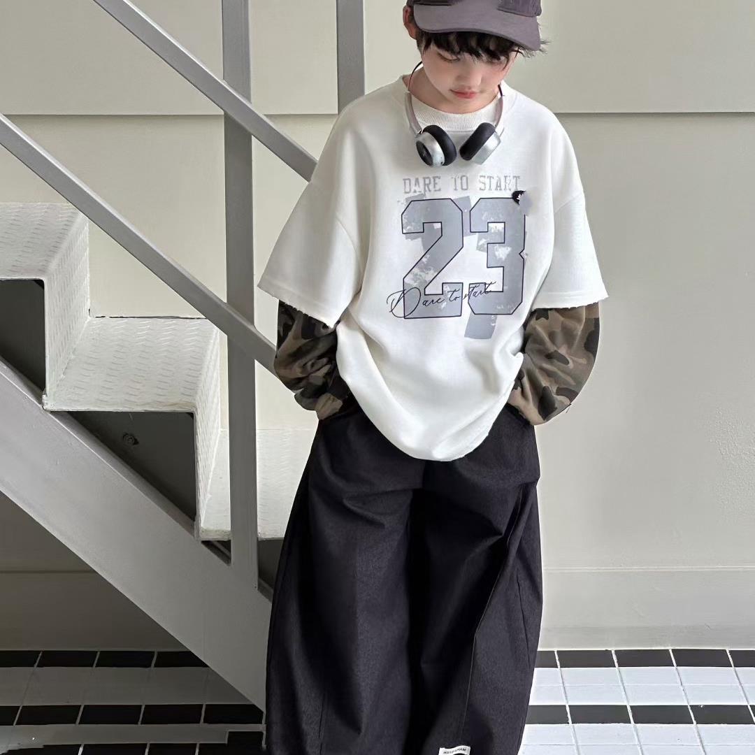 【迷彩拼接】蒙蒙潮童2025秋款男女童个性拼接款中大童T恤彩酷上衣
