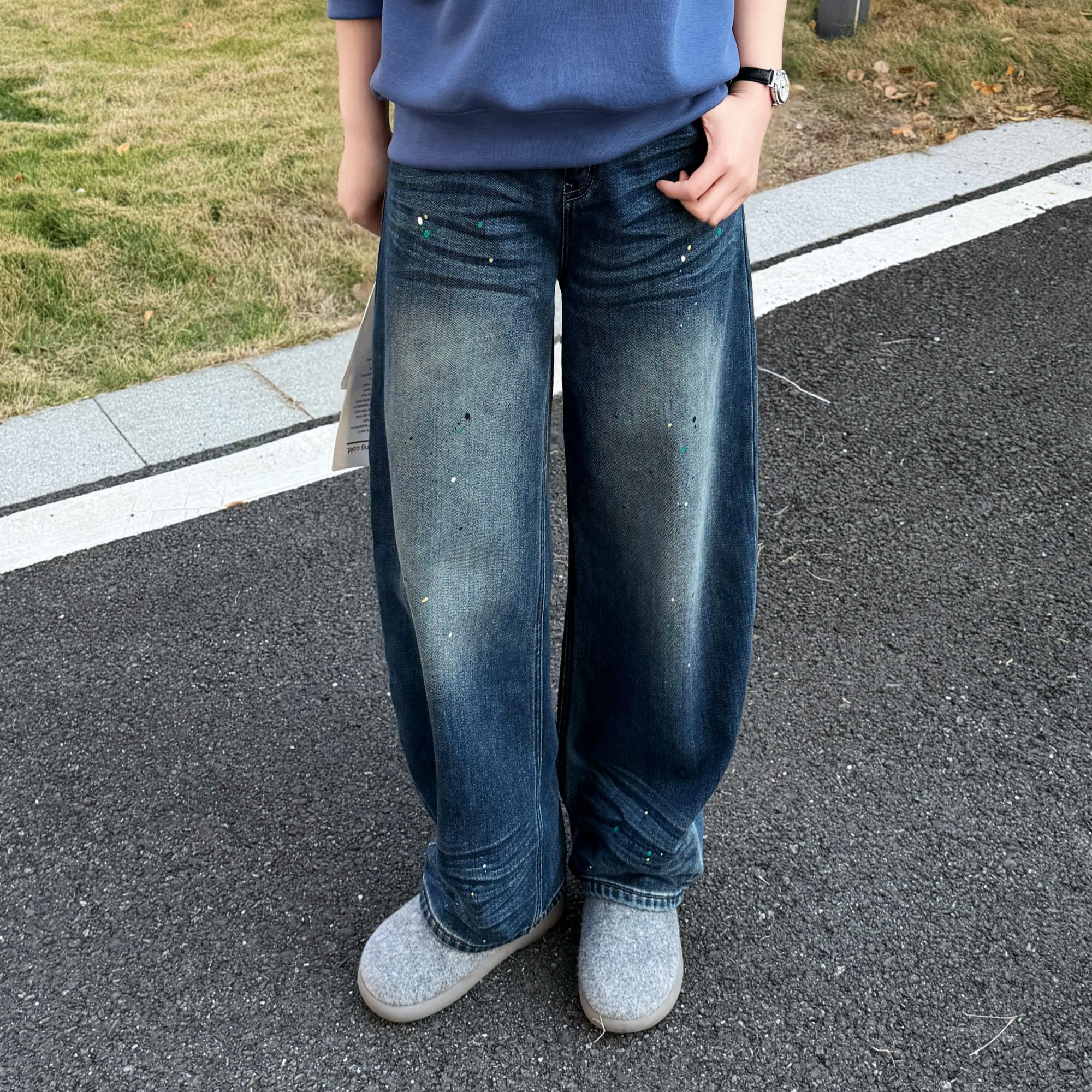 今婷秋冬设计感复古宽松显瘦彩色墨点加绒加厚牛仔长裤-J25401345