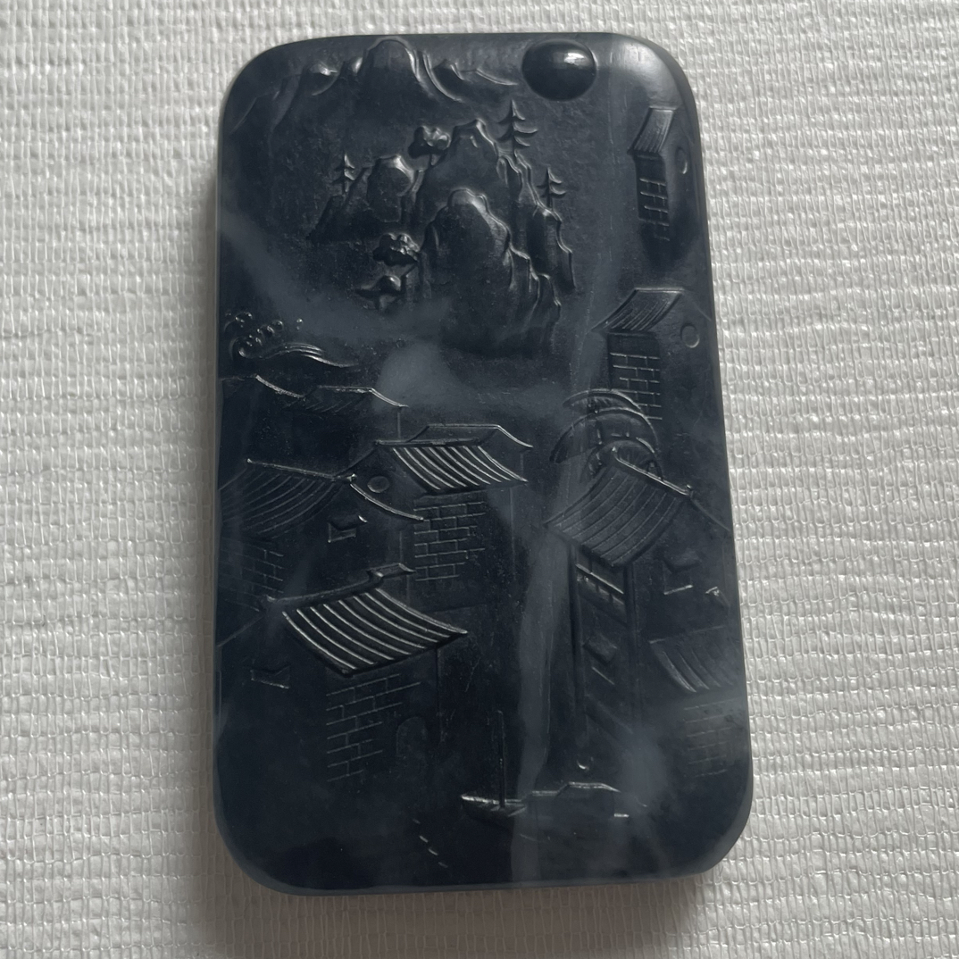 和田玉青花双面雕刻山水牌 （32）