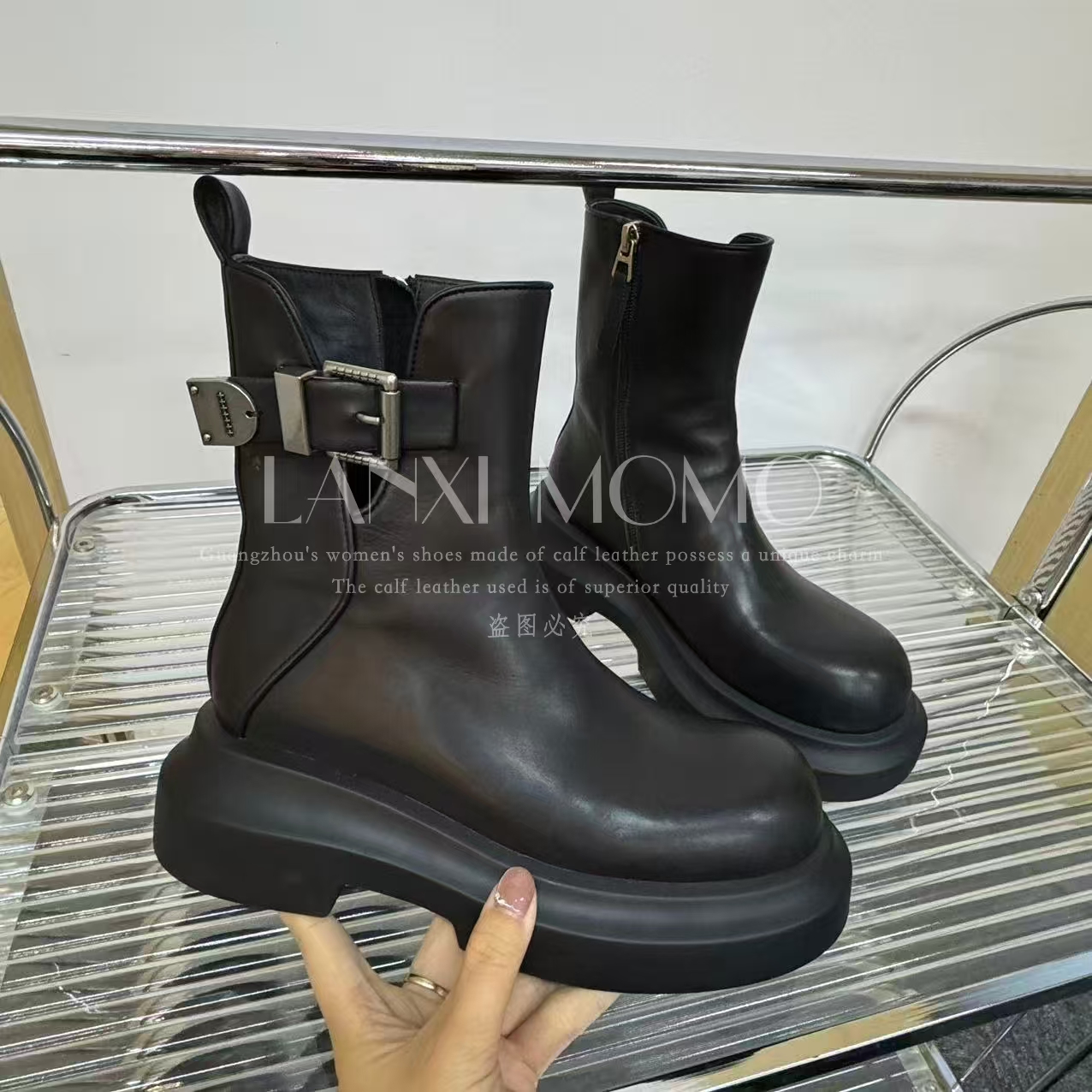  【晚风】时尚百搭黑色厚底英伦风秋冬圆头短靴25XZ746LX