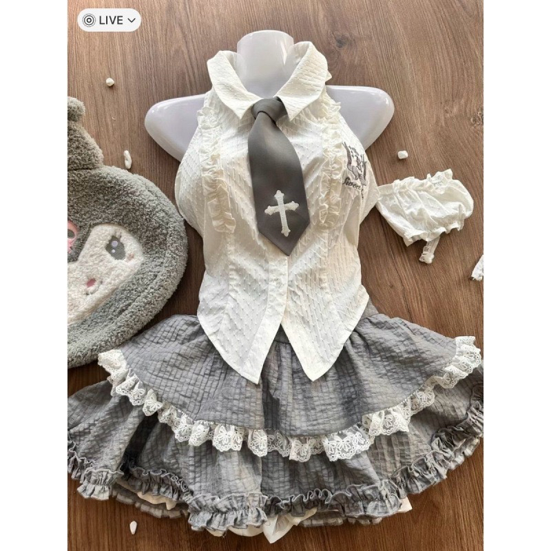 『牵手』学院风纯欲辣妹jk制服衬衣蛋糕裙套装设计感高腰短裙