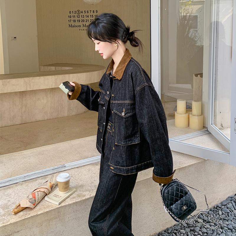 黑色时尚复古牛仔套装女2025年新款高级感灯芯绒拼接直筒裤两件套