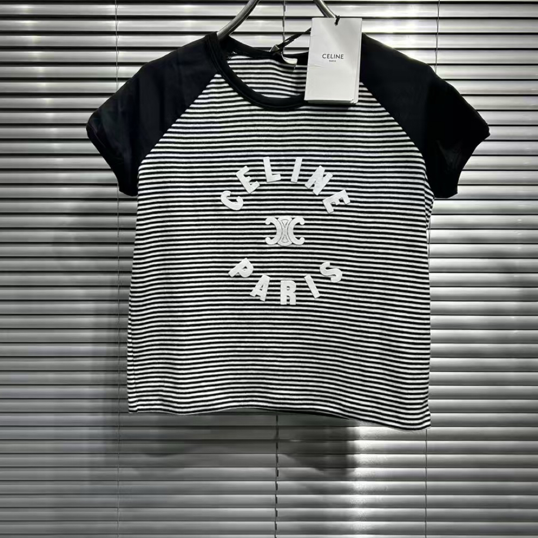 未使用 Celine/思琳 24fw胸前刺绣灰色条纹女士短袖 s码 