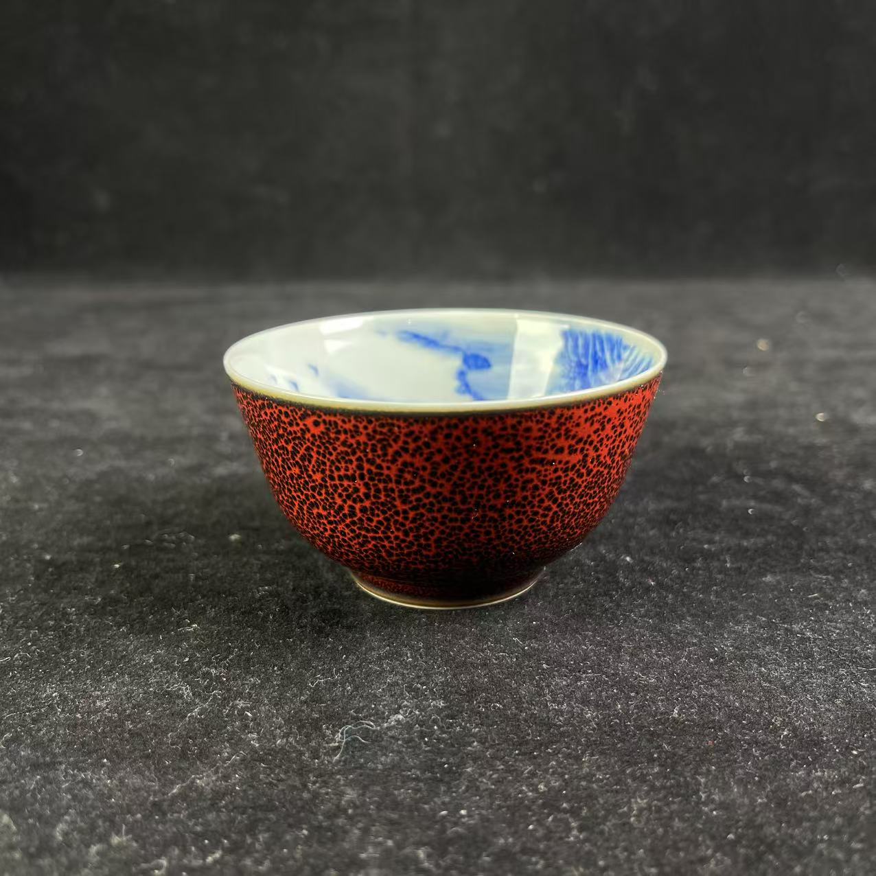 M内青花山水通景外郎红窑变纹杯