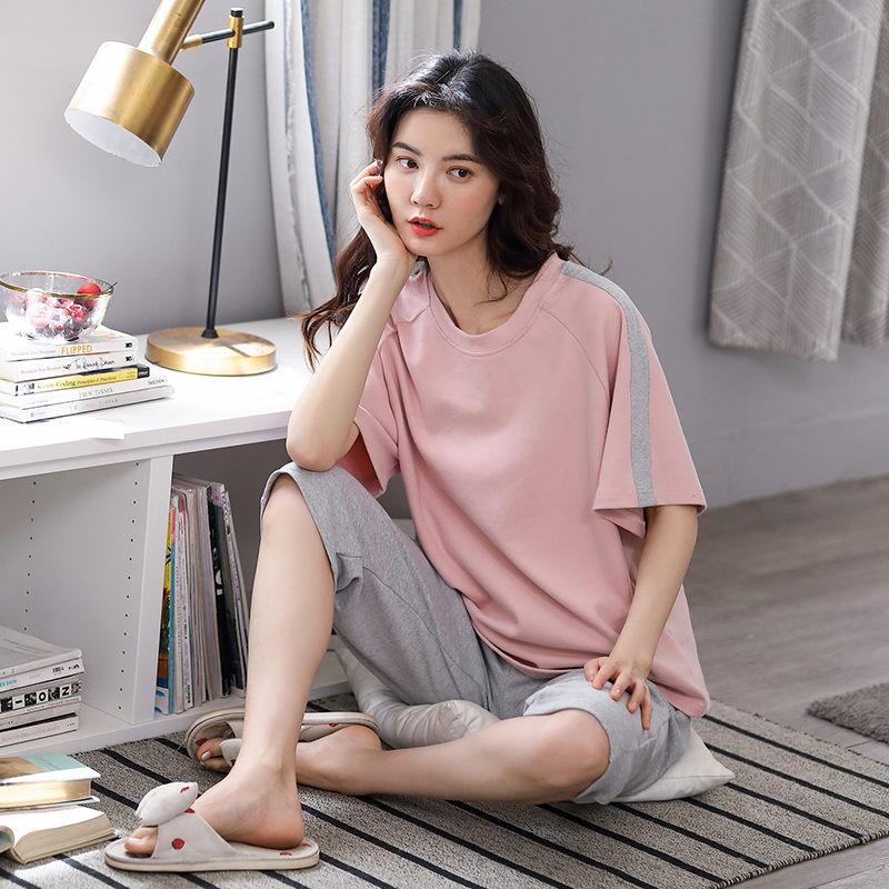 睡衣女夏季短袖七分裤纯棉可外穿套装2025年新款舒适家居服T-5082