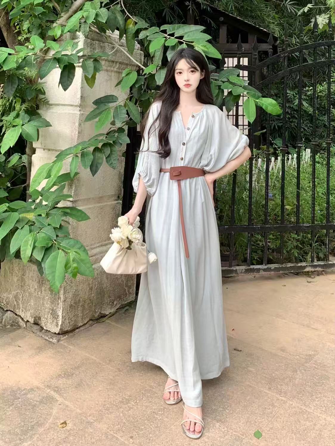 法式夏季长裙连衣裙白色后妈裙仙气收腰