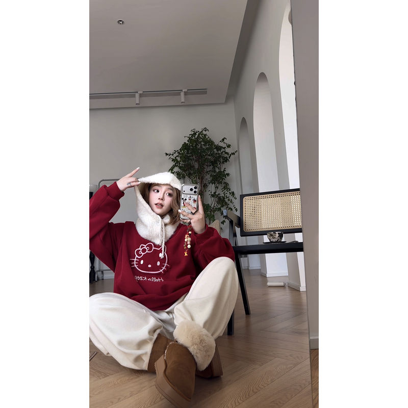 【夏夏】圣诞KT-大码秋冬季圆领刺绣宽松加绒休闲重磅卫衣女F0075
