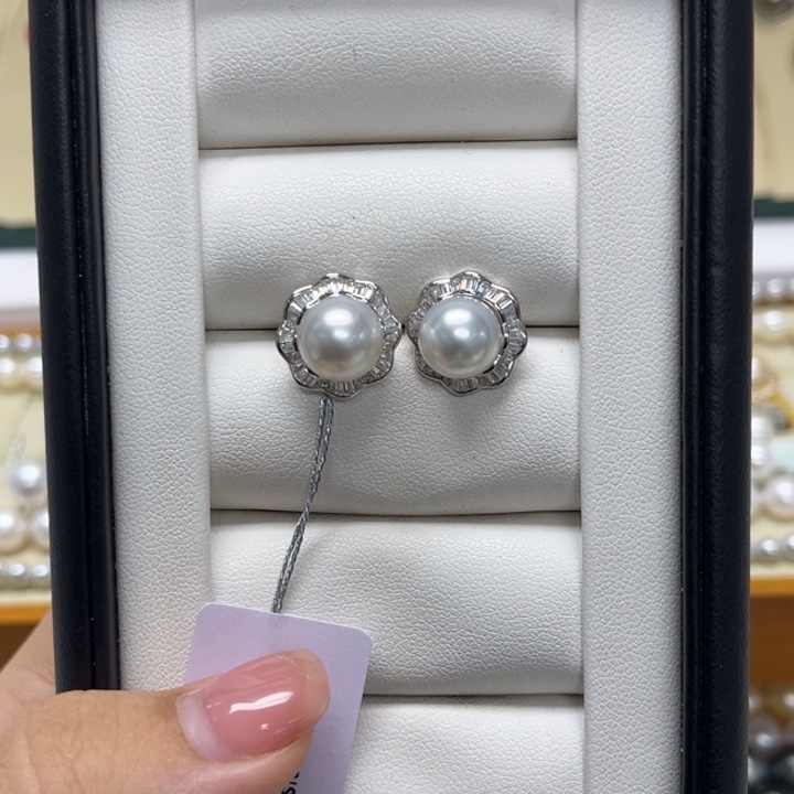 银S925镶嵌耳饰海水珍珠澳白9-10mm89号