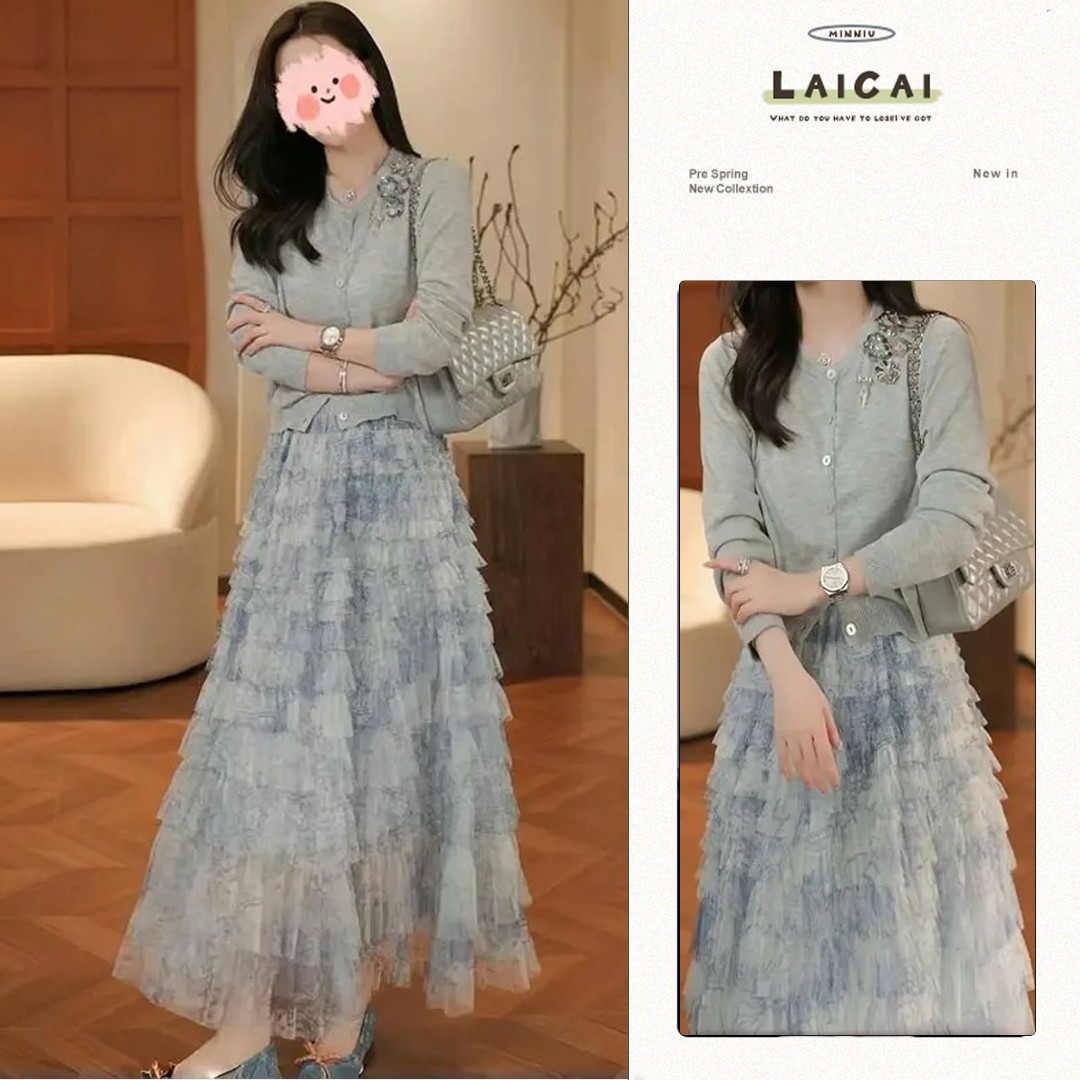 A151+A152韩式设计感针织开衫上衣百搭蛋糕半身裙高级感两件套装