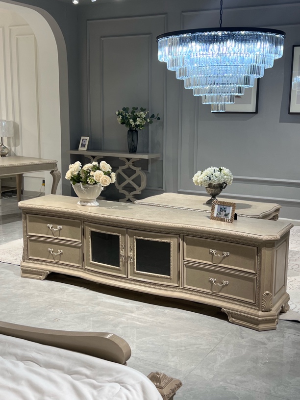 美式复兴印记电视柜 法式雕花做旧矮柜实木电视柜北欧储物地柜