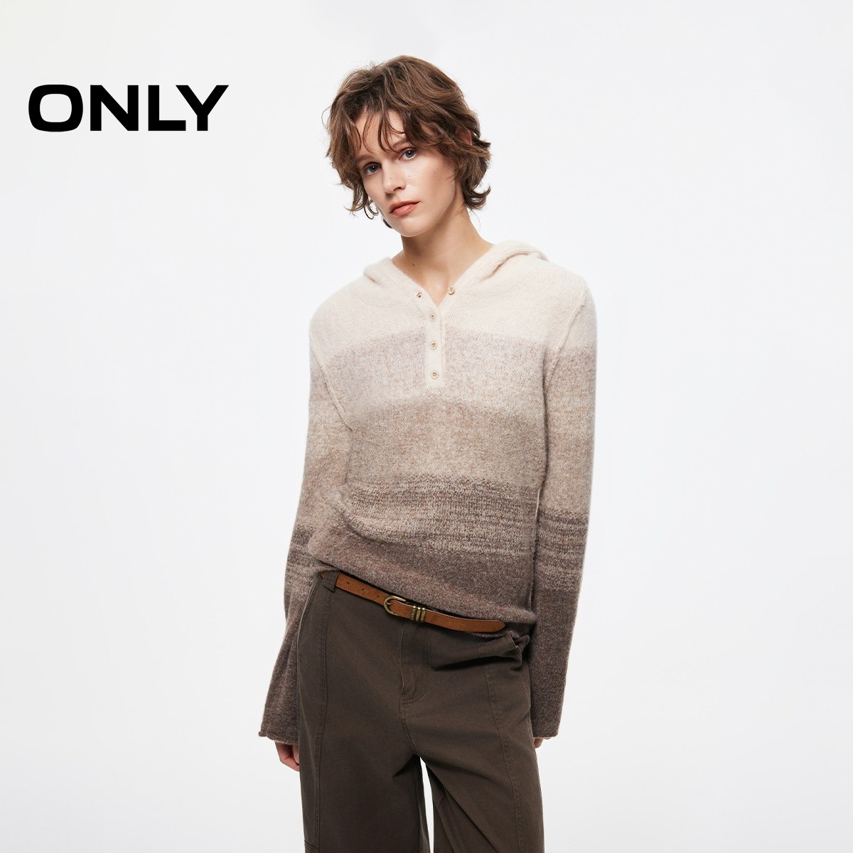 ONLY2025秋季新款半开襟连帽喇叭长袖渐变针织衫女休闲|125413026