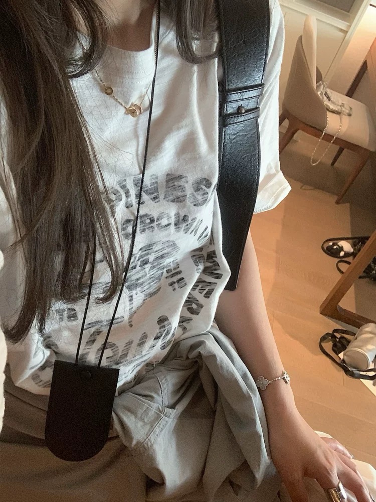 花生酱 美式玫瑰印花短袖t恤女夏季宽松慵懒中长款上衣显瘦百搭