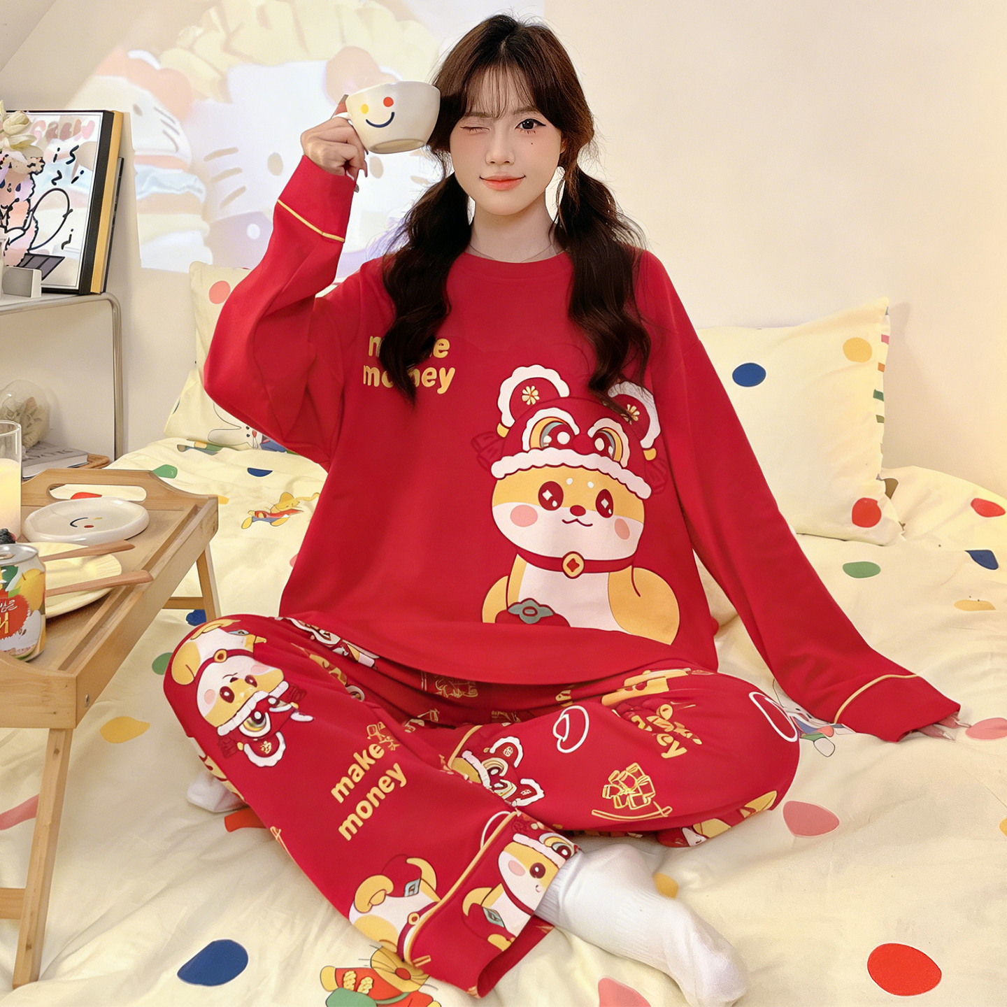 三昌睡衣女士纯棉圆领套头喜庆本命年睡衣秋冬季红色婚庆春秋套装