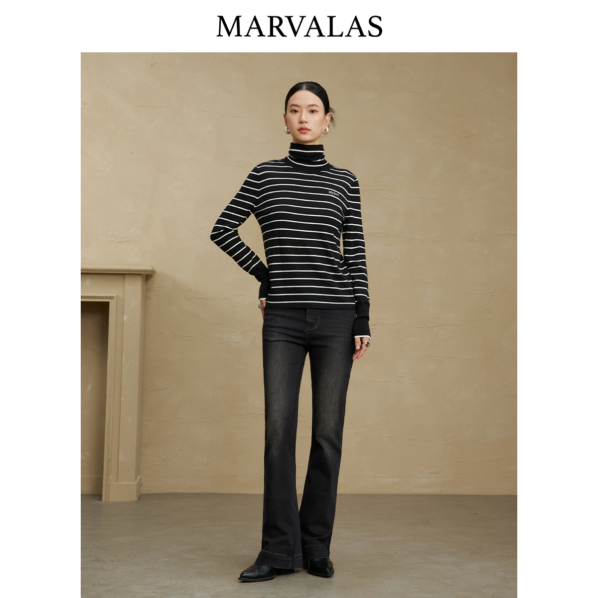 【籽言专属】黑白条纹套头衫冬季时尚撞色高领绵羊毛混纺针织衫