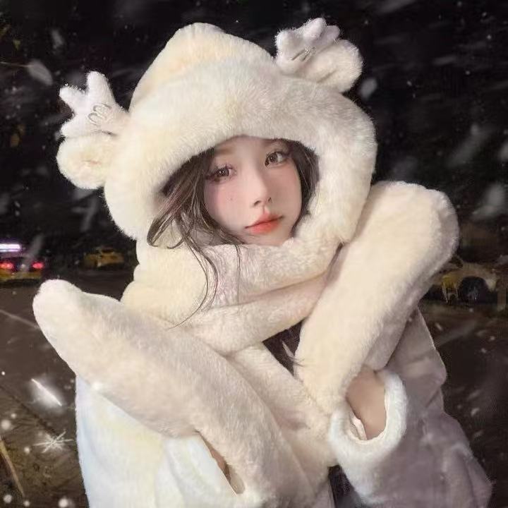 2025新款秋冬鹿宝加厚毛绒防严寒帽子围巾手套三合一