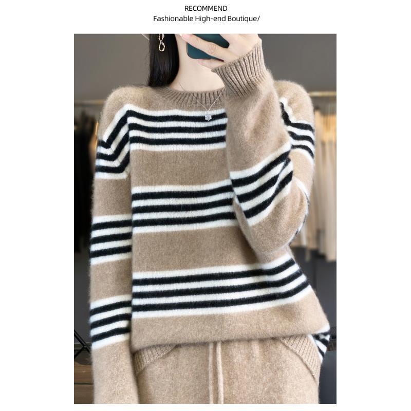 100%纯羊毛七针加厚条纹女士羊毛上衣D2517