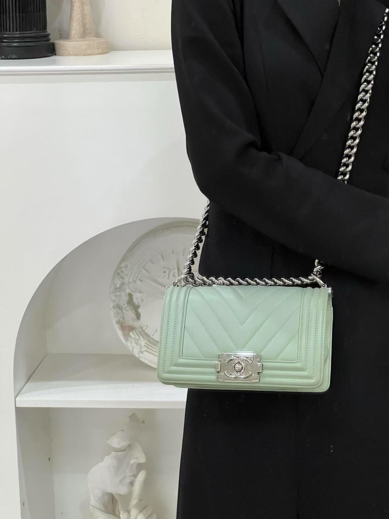 99新 Chanel/香奈儿 leboy小号绿银羊v纹单肩斜挎包/甄选