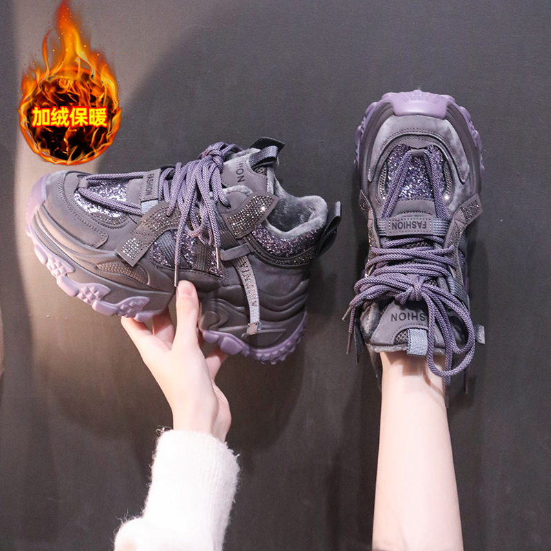 T 网红时尚亮片气质鞋子2025秋冬新款加绒老爹女高颜值厚底休闲鞋