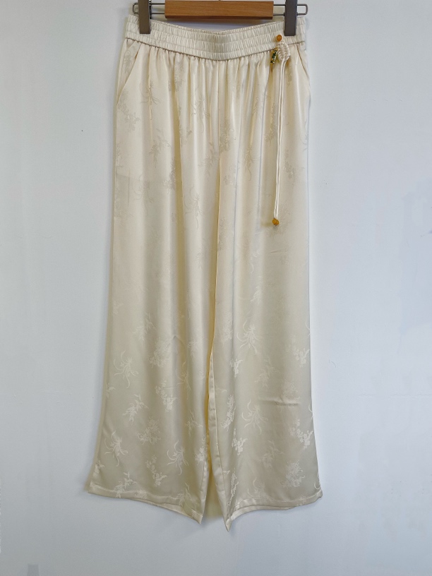 【云湮】2024新款夏季中式休闲裤女宽松国风松紧腰直筒提花夏季裤