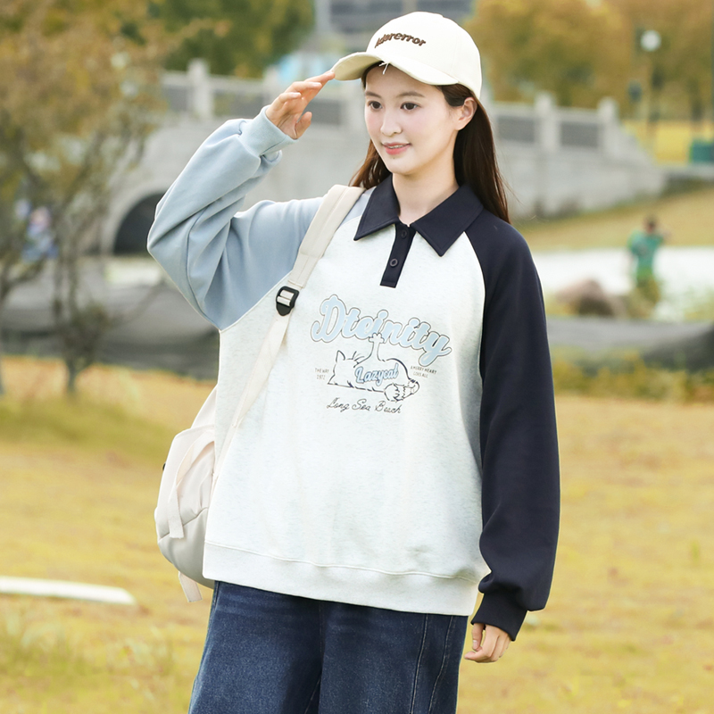 初中生卫衣女宽松洋气高中生POLO领2025新款春秋学生大童可爱上衣