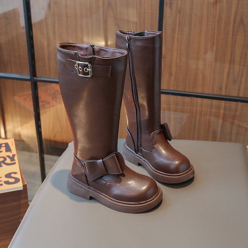 简约蝴蝶结加绒女童长筒靴二棉皮靴侧拉链时尚韩版ins公主风3379